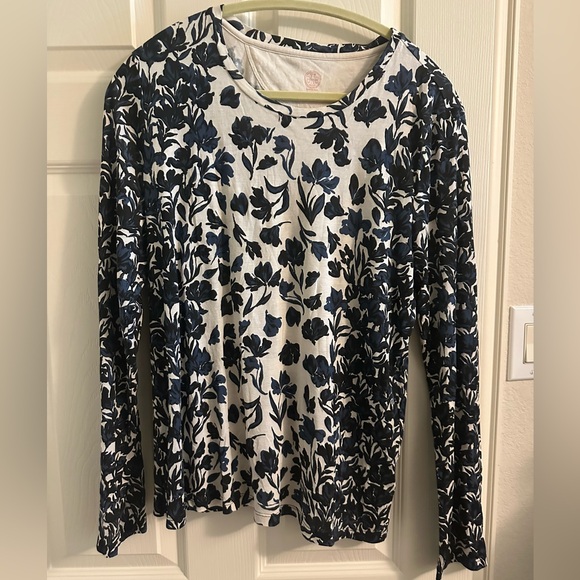 Tory Burch Pima Cotton Long Sleeve Blue Floral Crewneck Top XL - Picture 2 of 8